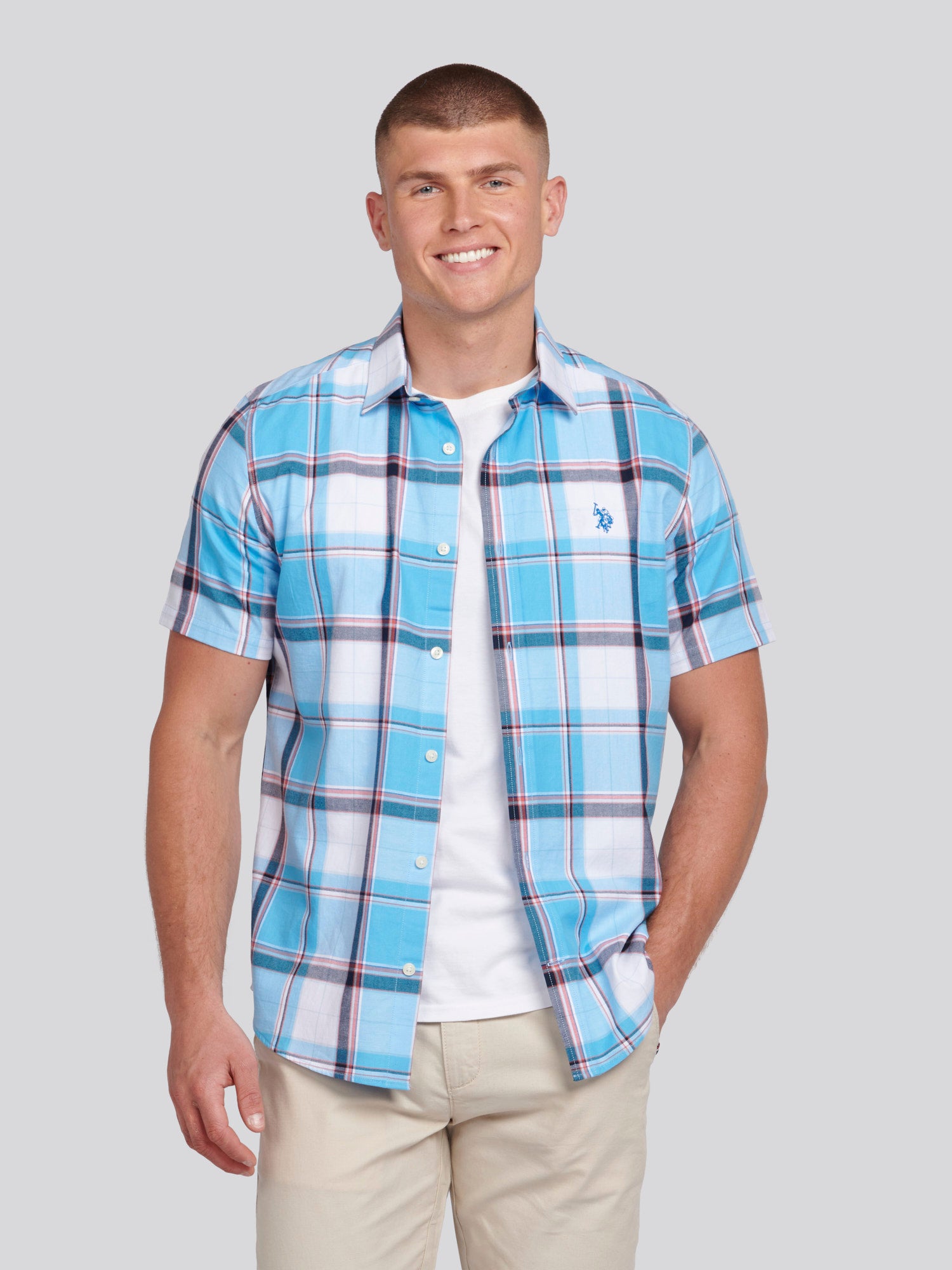 Mens Short Sleeve Check Shirt in Ethereal Blue – Polo UK