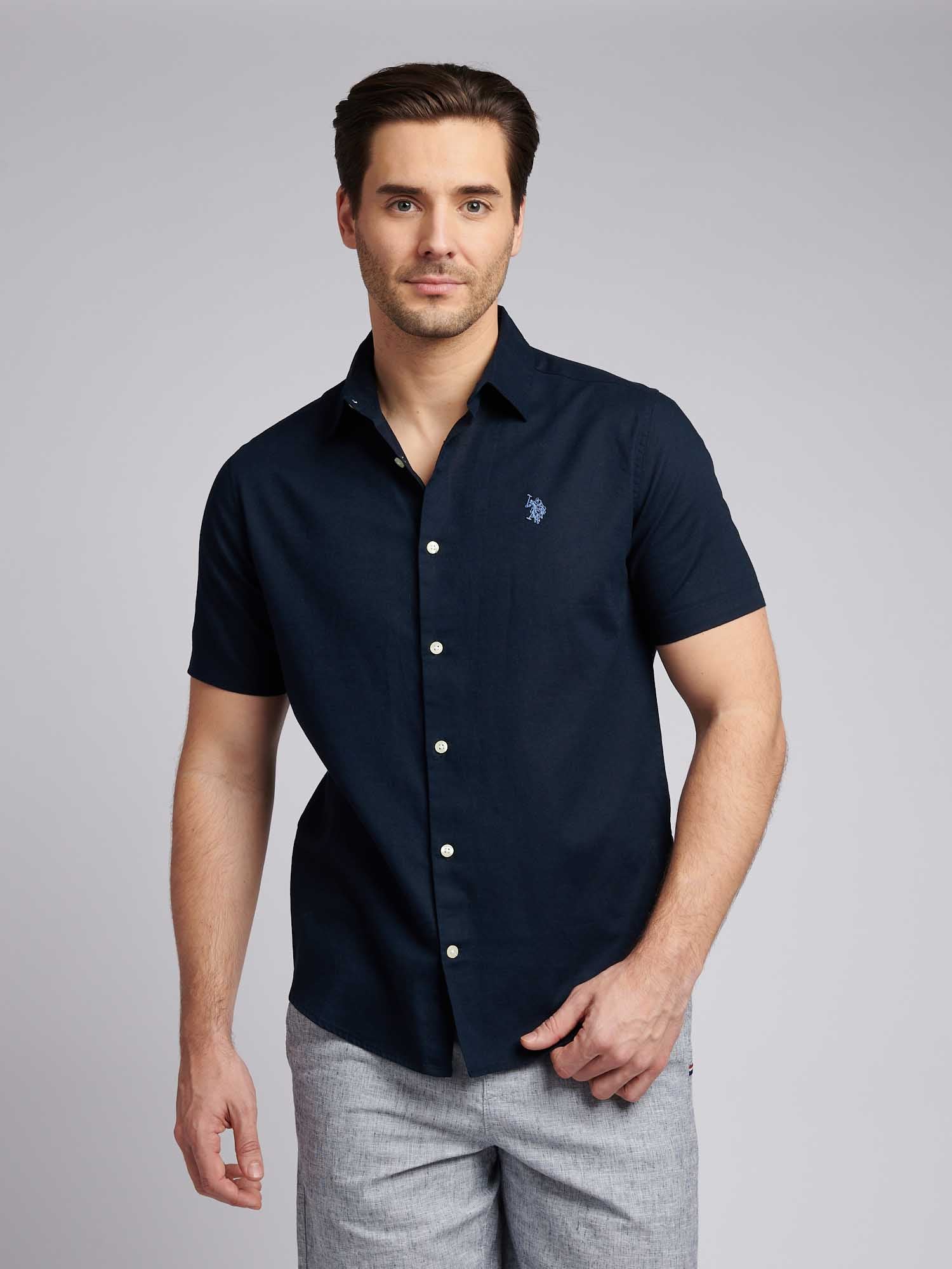 Mens Linen Blend Short Sleeve Shirt in Dark Sapphire Navy