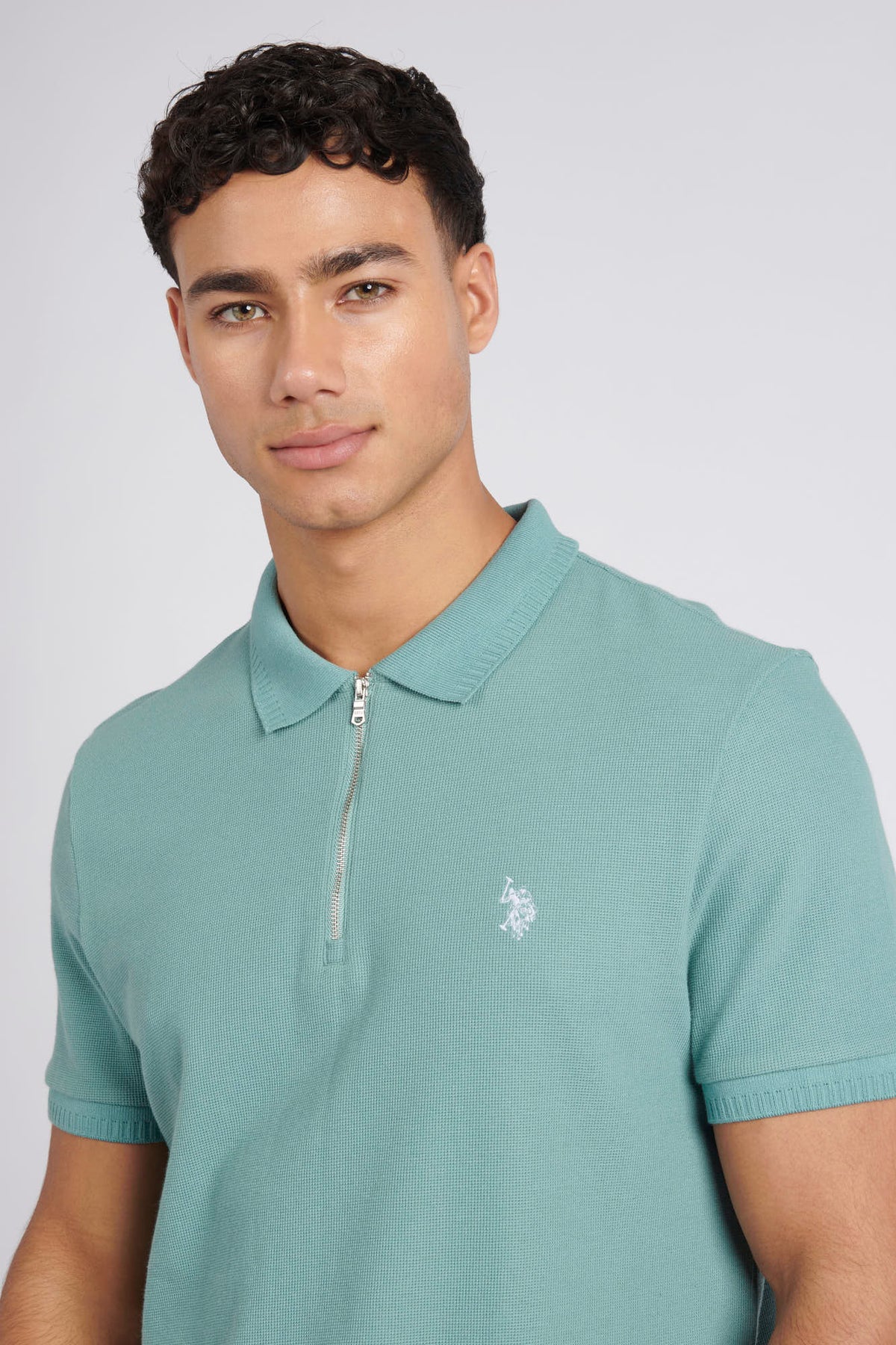 Mens Regular Fit Texture Polo Shirt in Mineral Blue
