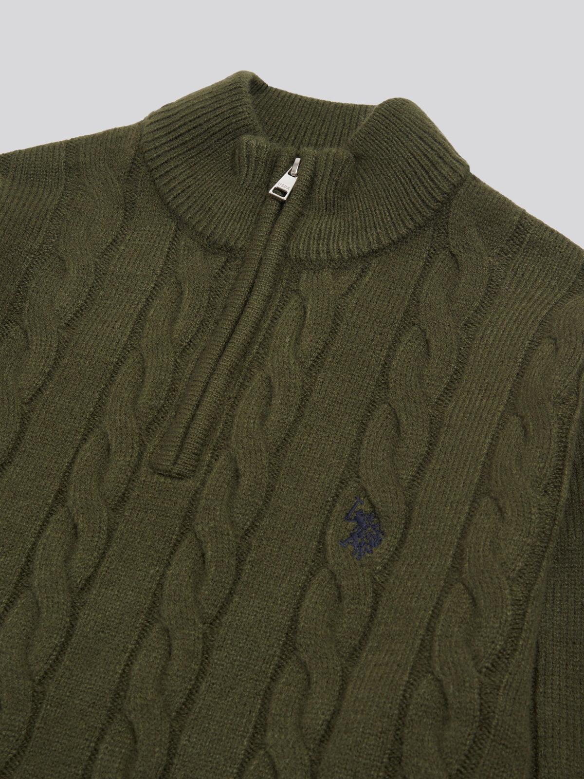 Mens Cable Knit Quarter-Zip Funnel Neck Jumper Forest Night