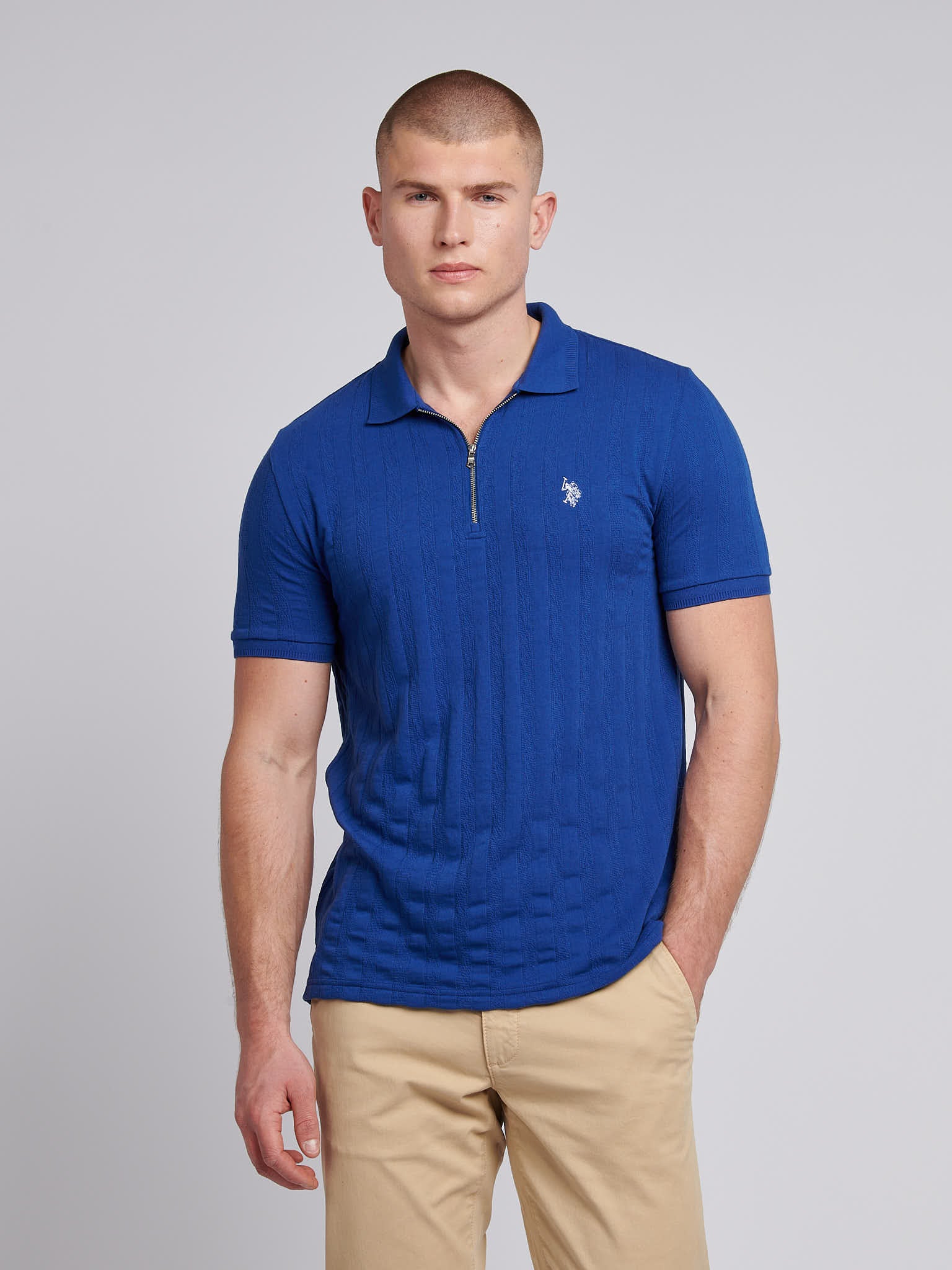 Mens Stripe Textured Zip Polo Shirt in Sodalite Blue – U.S. Polo
