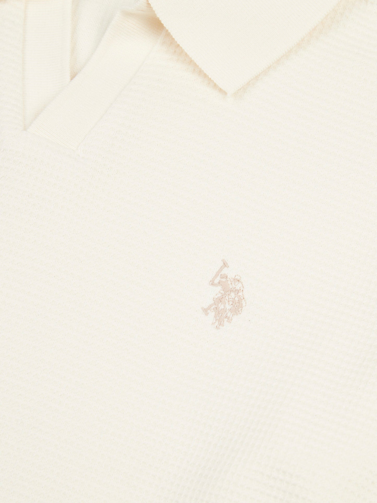 Mens Waffle Texture Open Collar Long Sleeve Polo Shirt in Whisper White