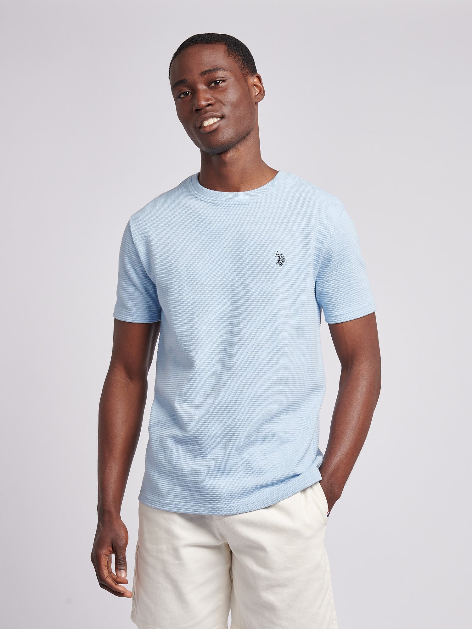 Mens Texture Double Horsemen T-Shirt in Chambray Blue – Polo
