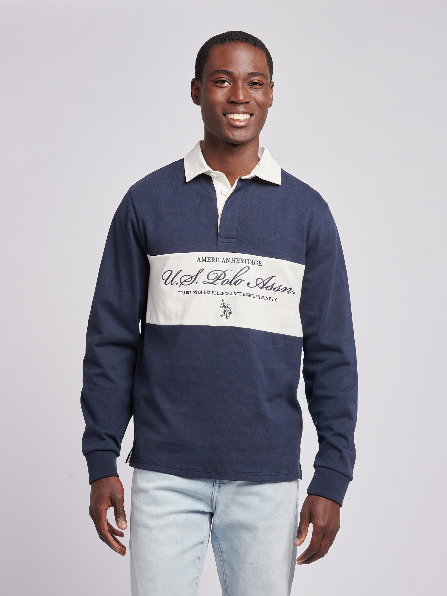 Mens Premium Embroidery Graphic Rugby Shirt in Dark Sapphire Navy