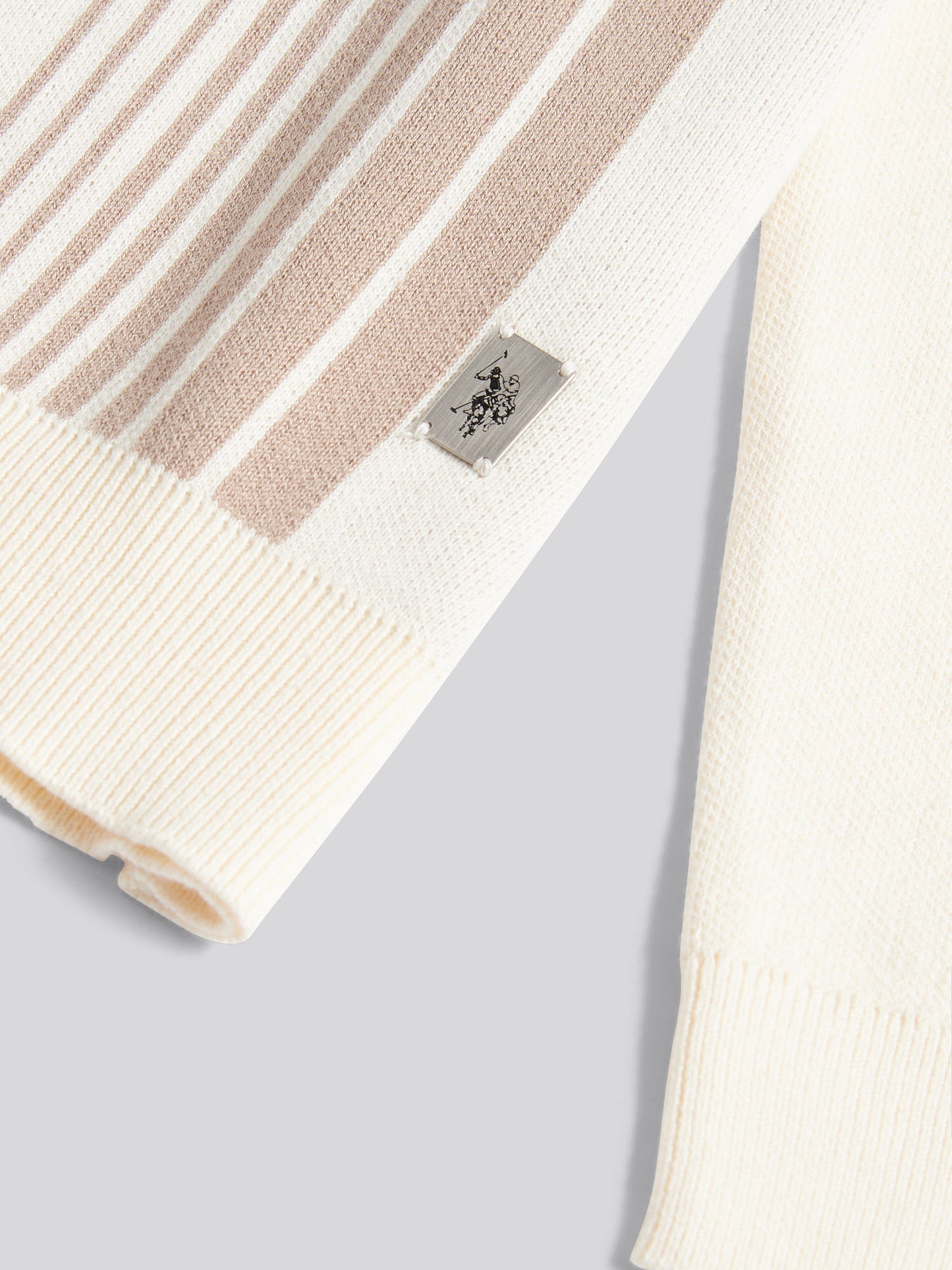 Mens Vertical Stripe Knit Long Sleeve Polo Shirt in Whisper White