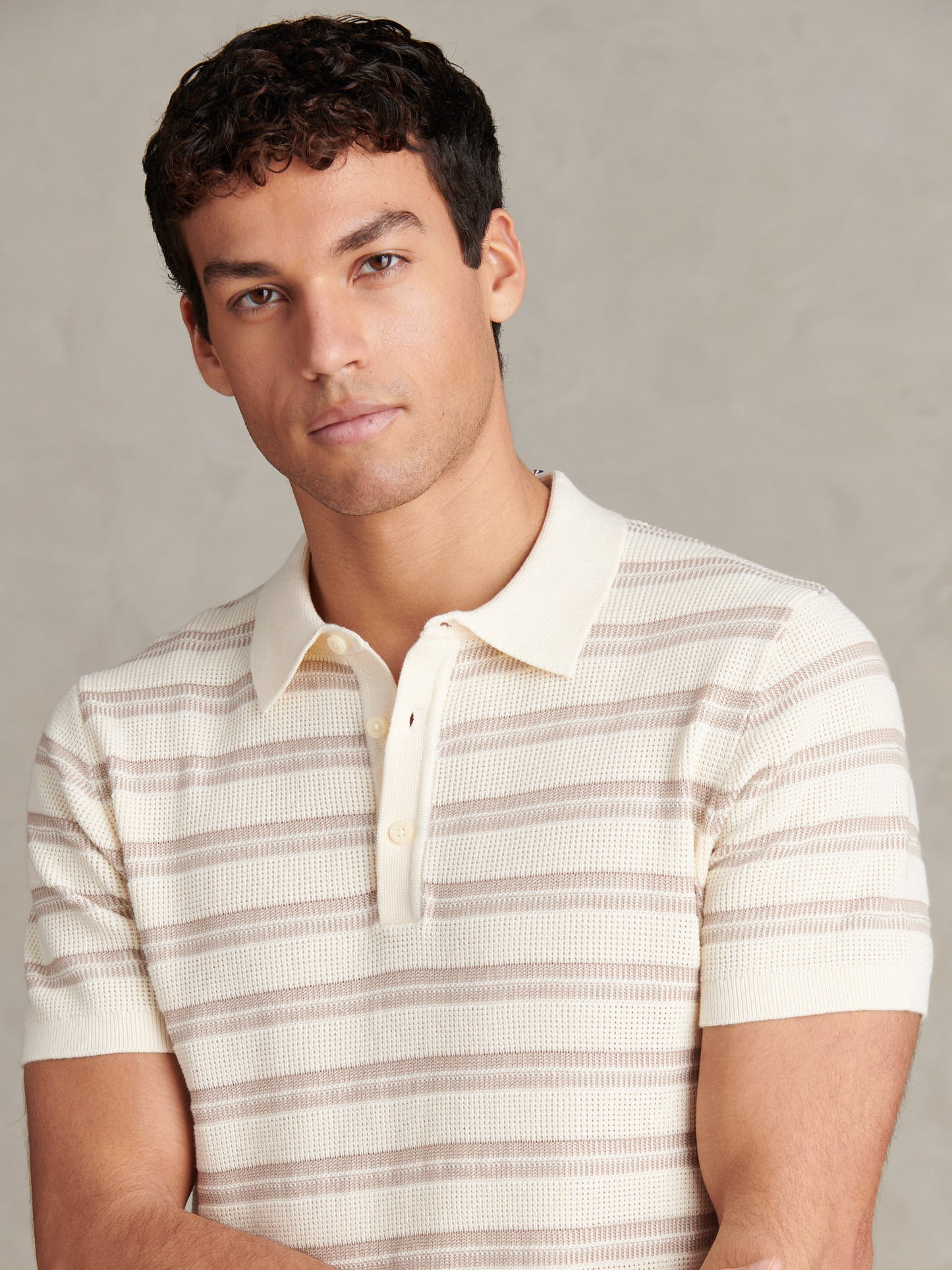 Mens Stripe Open Knit Polo Shirt Whisper White