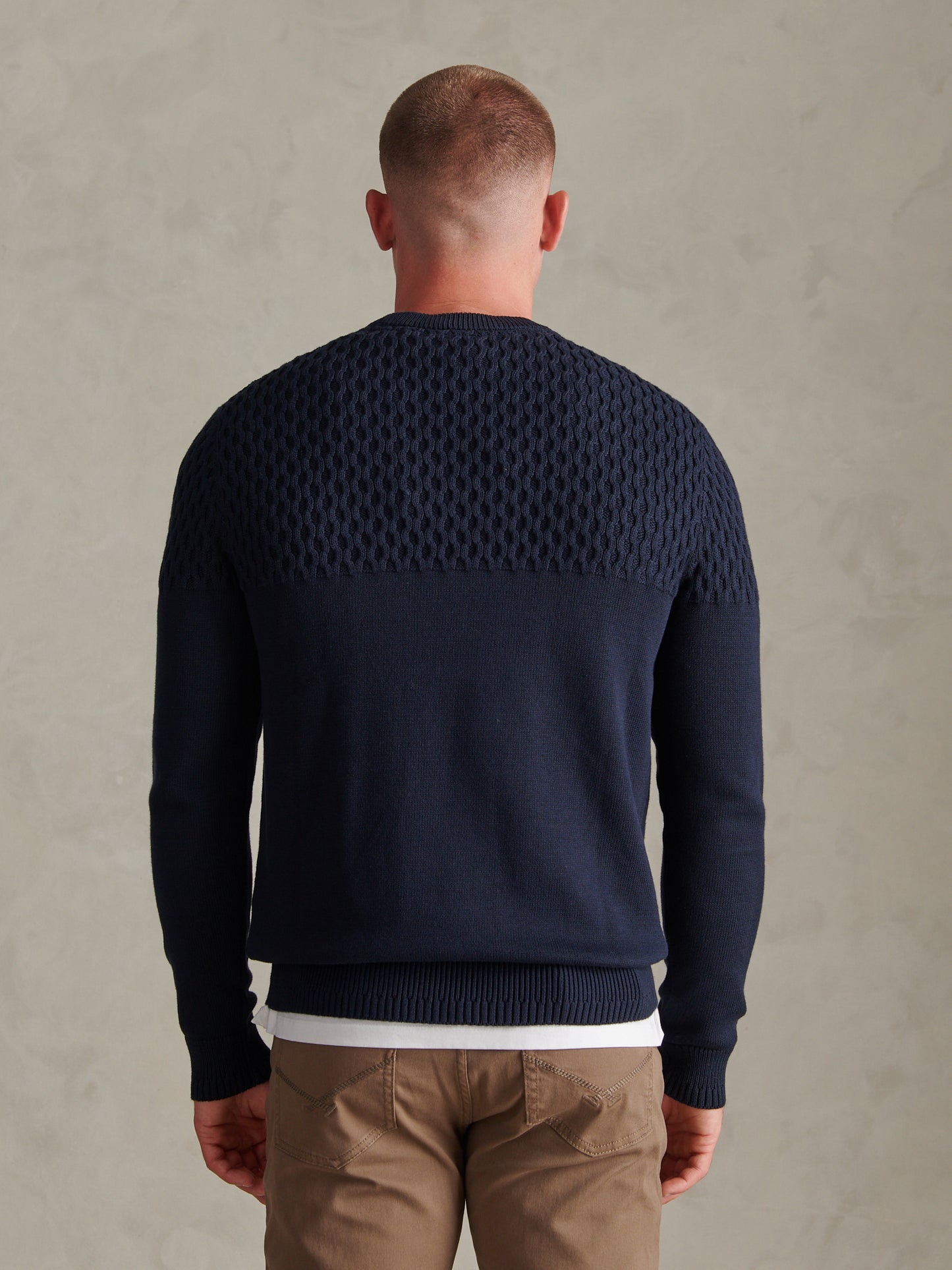 Mens Honeycomb Mixed Knit Crew Neck Jumper Dark Sapphire Navy