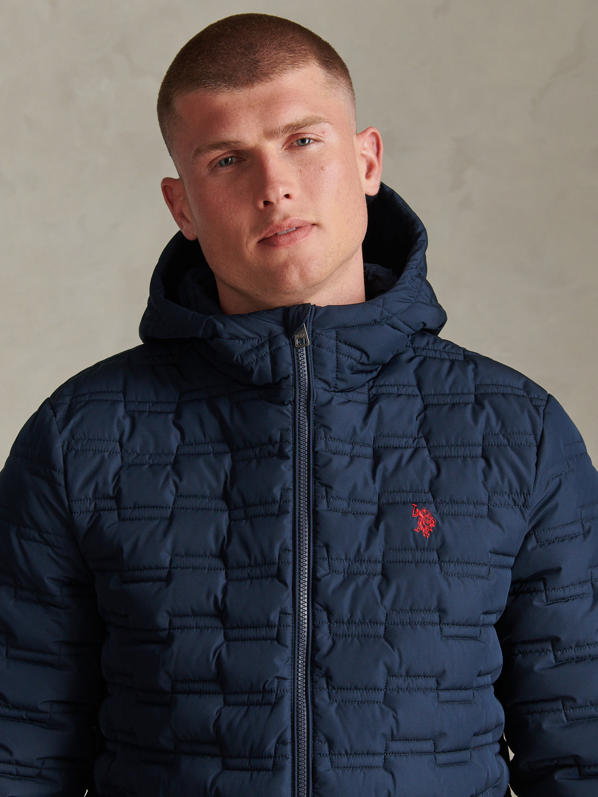 Mens Lightweight Quilted Hooded Puffer Jacket Dark Sapphire Navy / Haute Red DHM