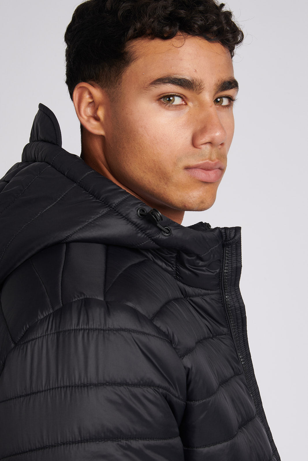 Mens Hooded Quilted Coat in Black Steeple Grey DHM