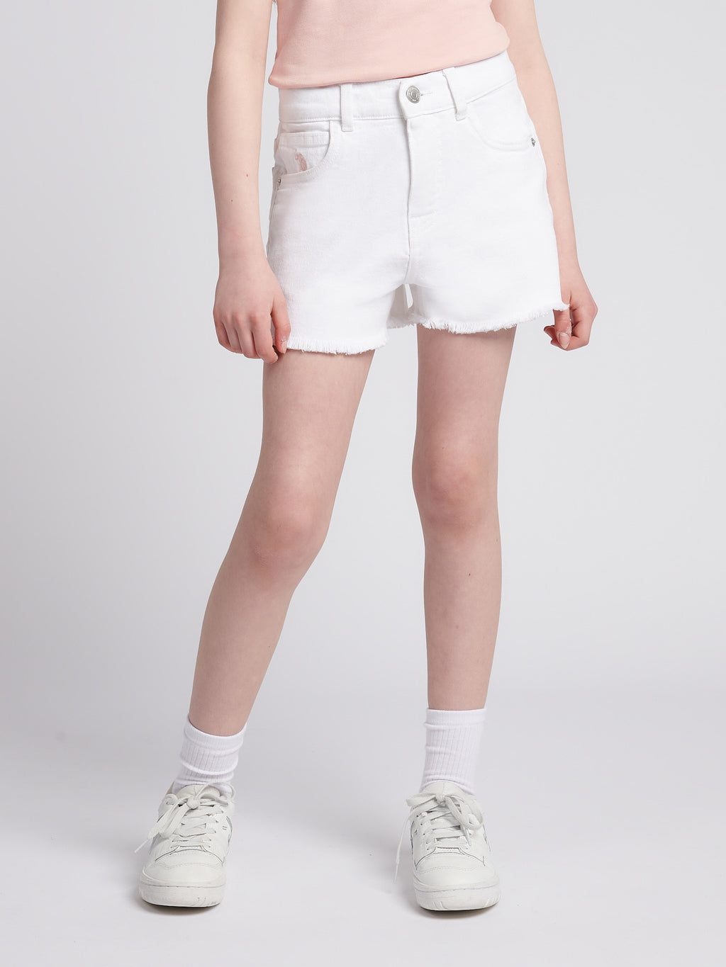 Girls White Washed Lycra Regular Fit Above Knee Shorts