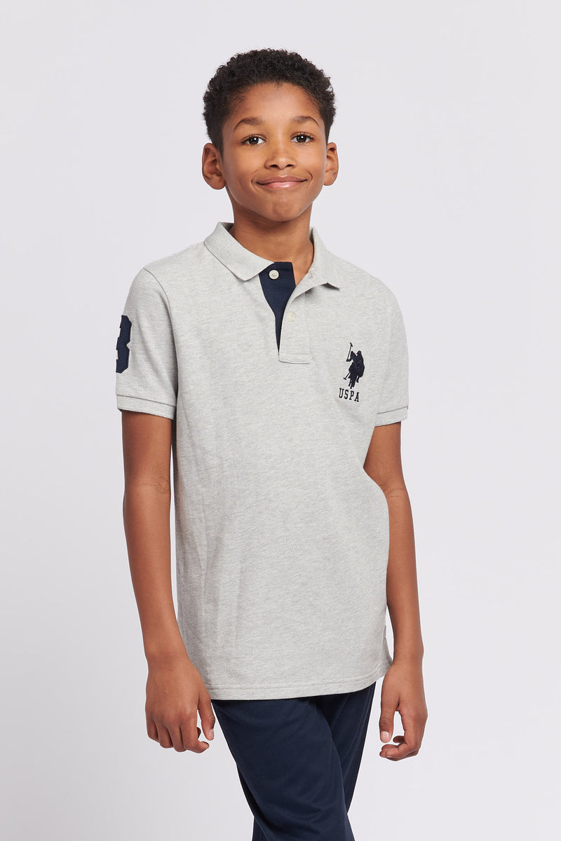 Boys Player 3 Pique Polo Shirt in Mid Grey Marl