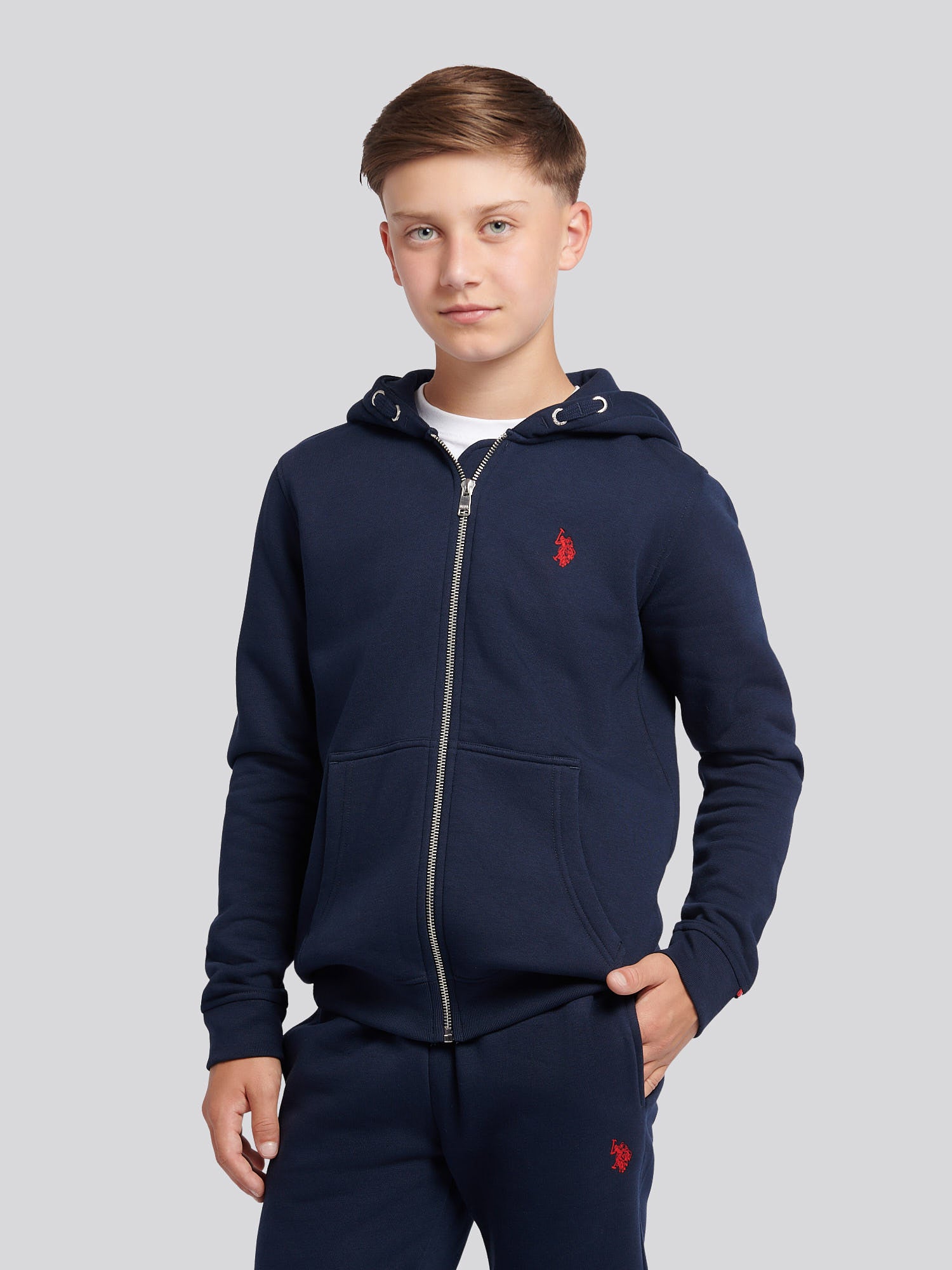 Boys Double Horsemen Zip Hoodie in Dark Sapphire Navy / Haute Red