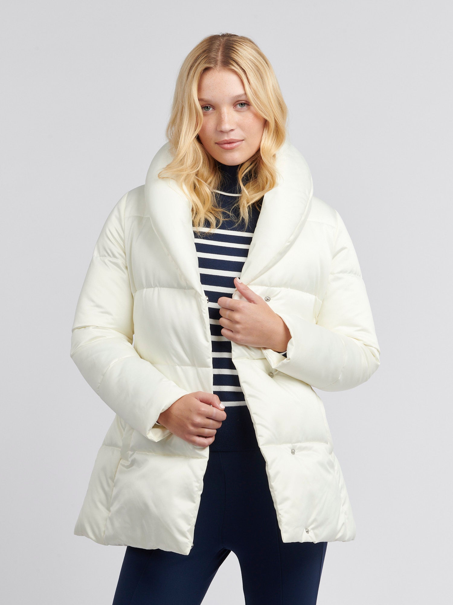 Womens Wrap Collar Belted Puffer Coat in Marshmallow – Polo