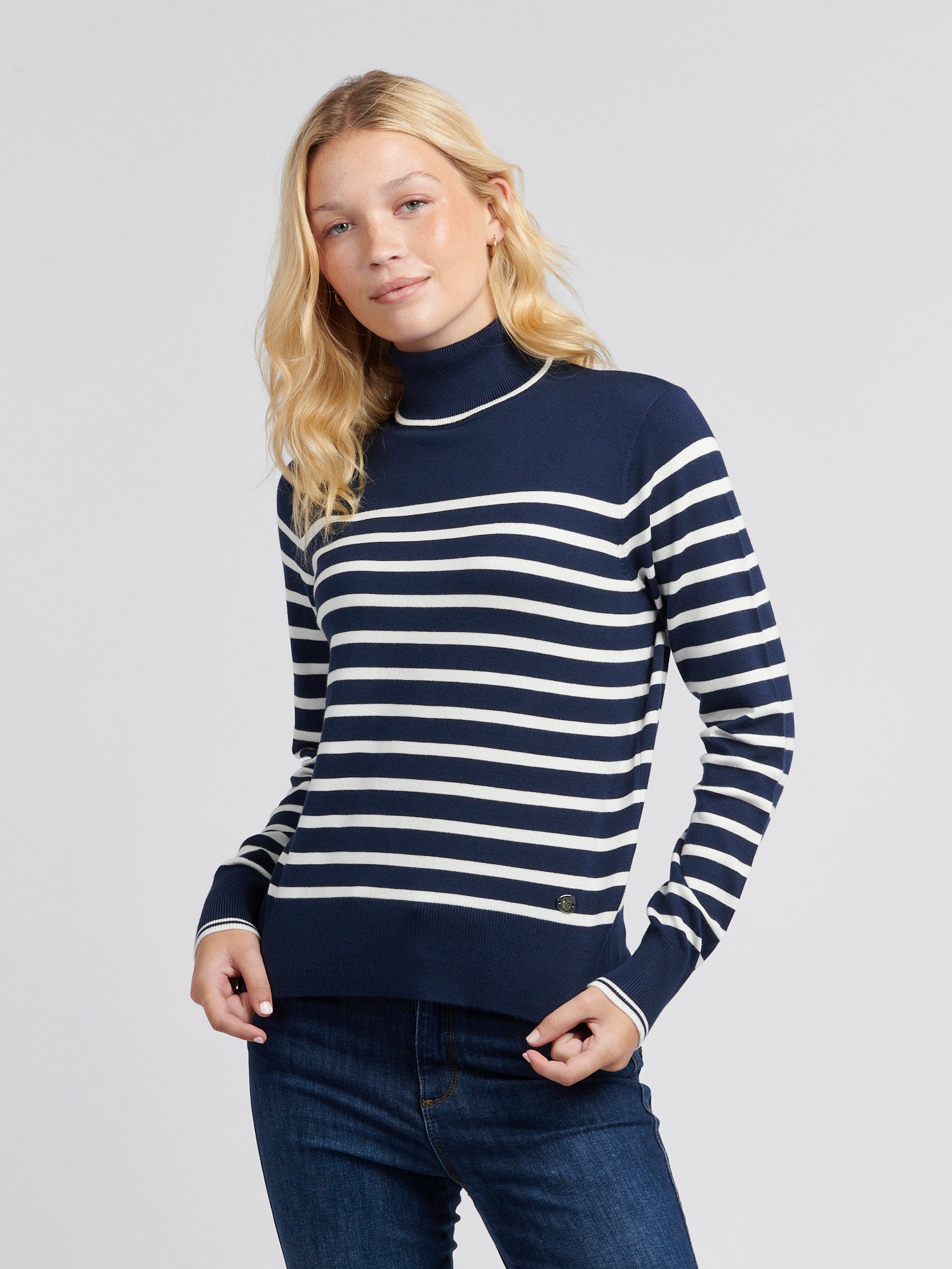 Womens Striped Roll Neck Fine Knit Jumper in Navy Iris – Polo
