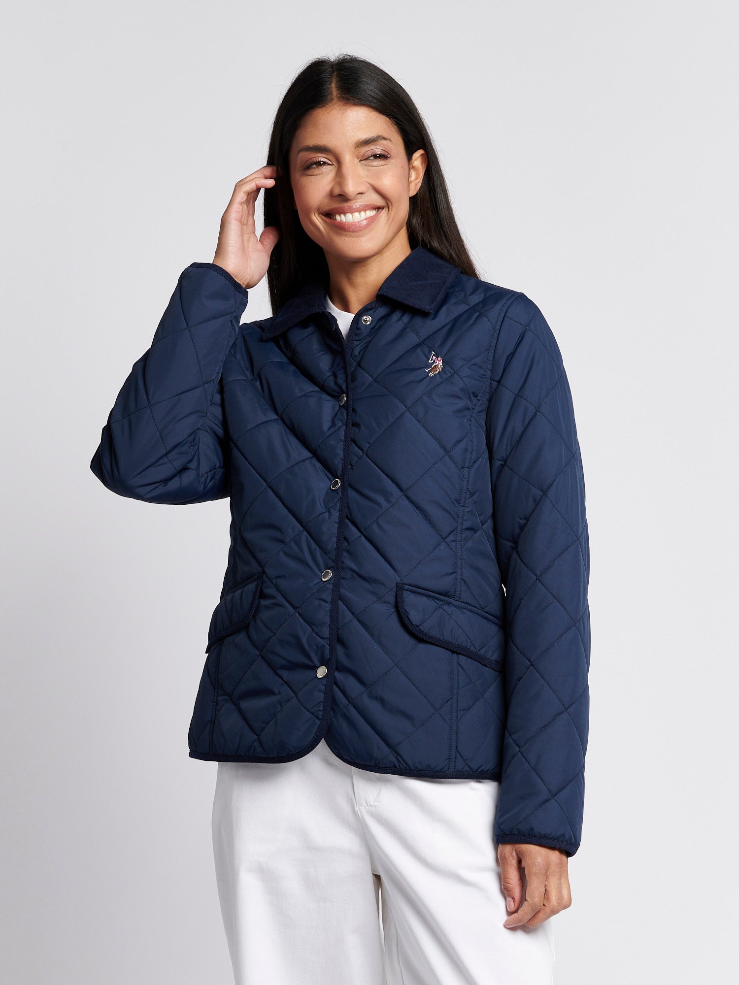 Womens Quilted Collared Jacket in Navy Iris β Polo UK