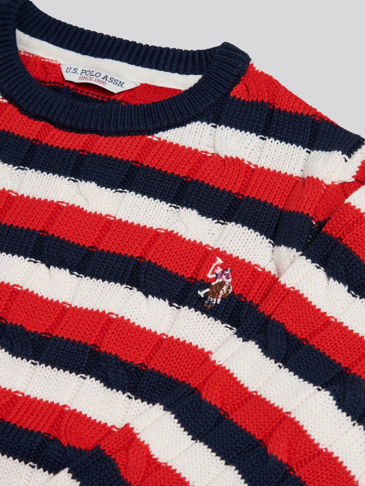 Womens Stripe Crew Neck Cable Jumper Garnet