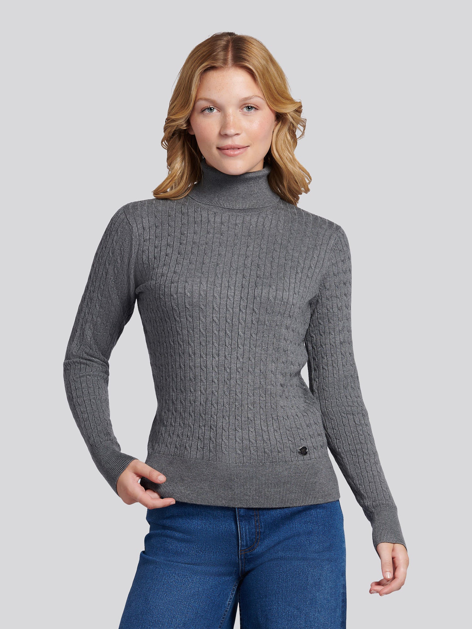 Womens Fine Cable Roll Neck Jumper in Dark Grey Marl – Polo