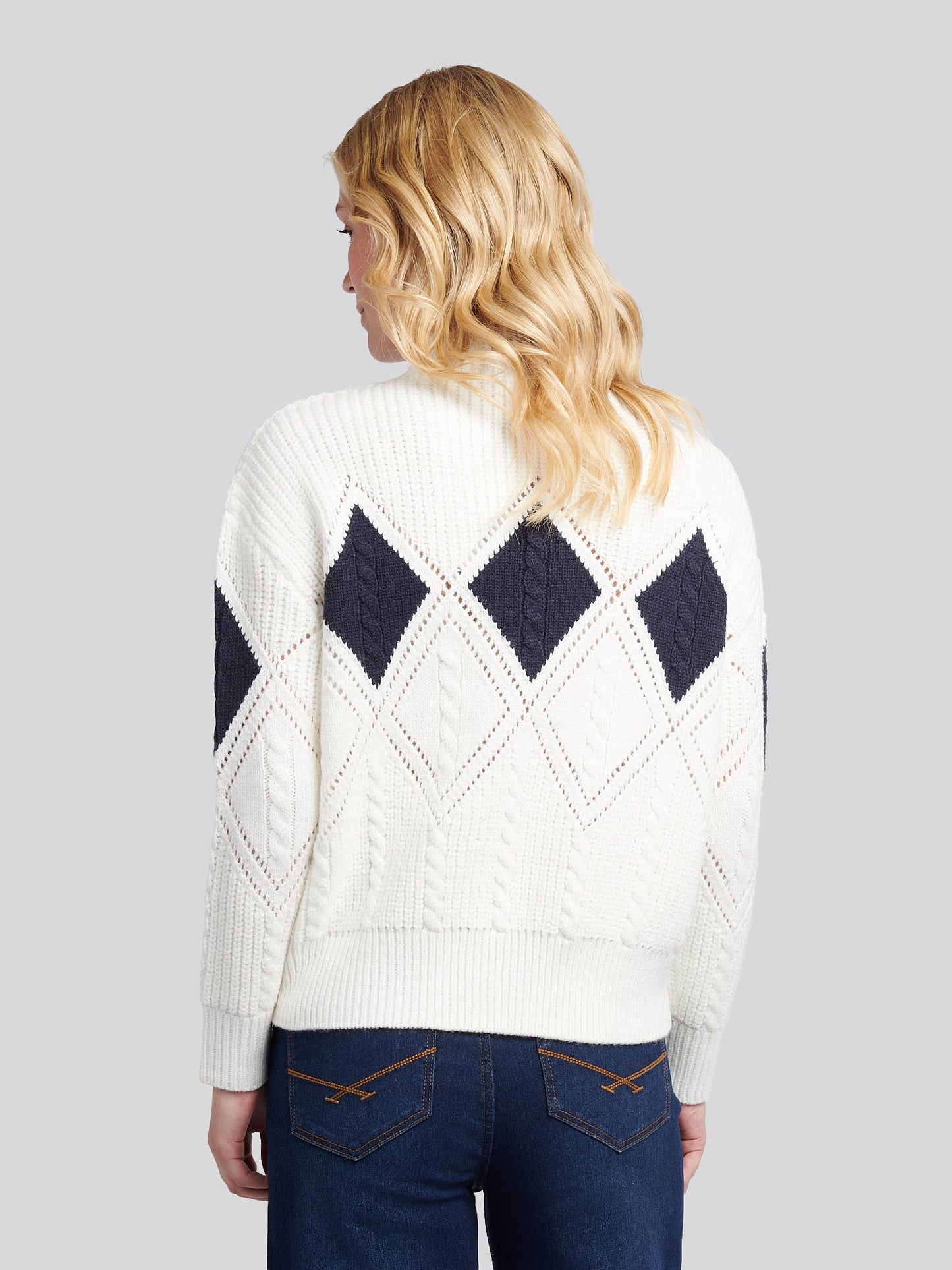 Womens Cable Argyle Mock Neck Jumper in Egret