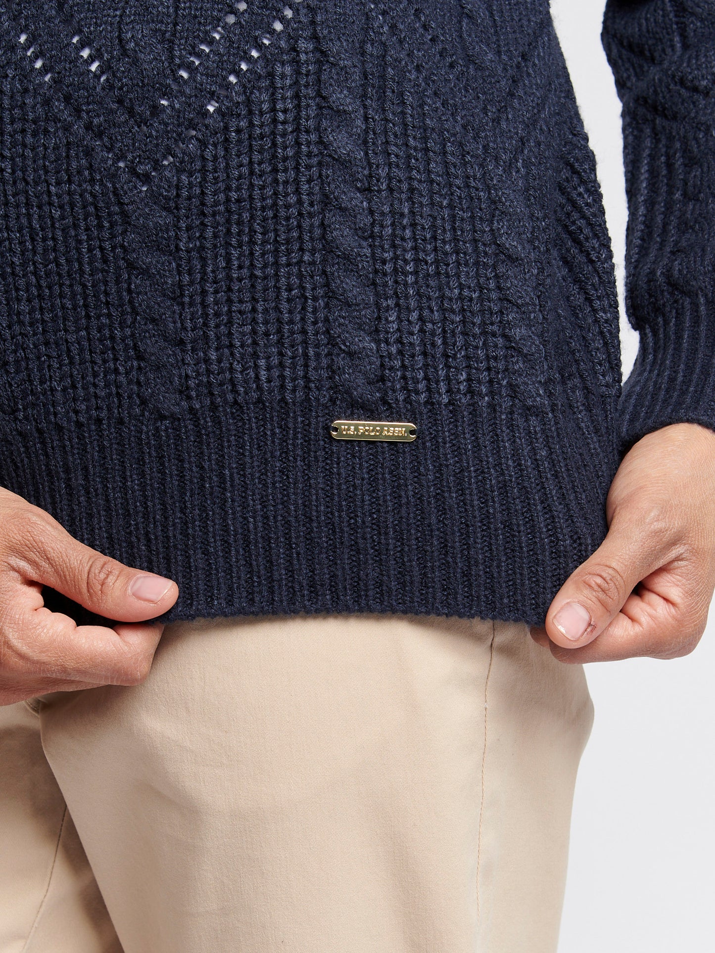 Womens Cable Argyle Mock Neck Jumper in Navy Iris