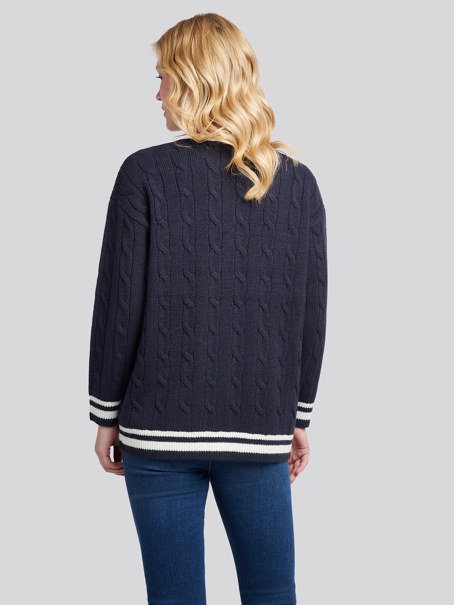 Womens Longline Cable Cardigan in Navy Iris