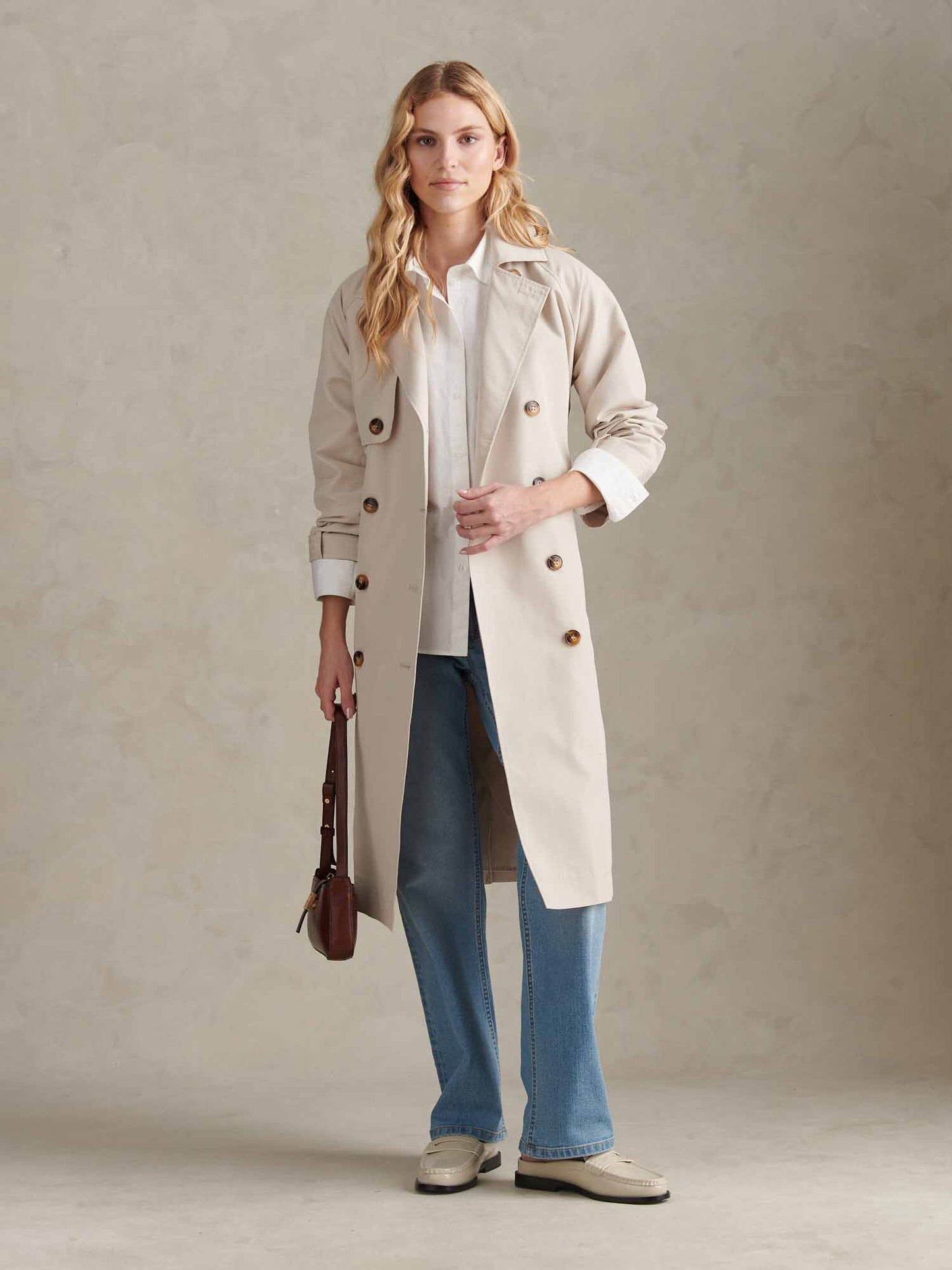 Womens Double Breasted Belted Trench Coat Pumice Stone