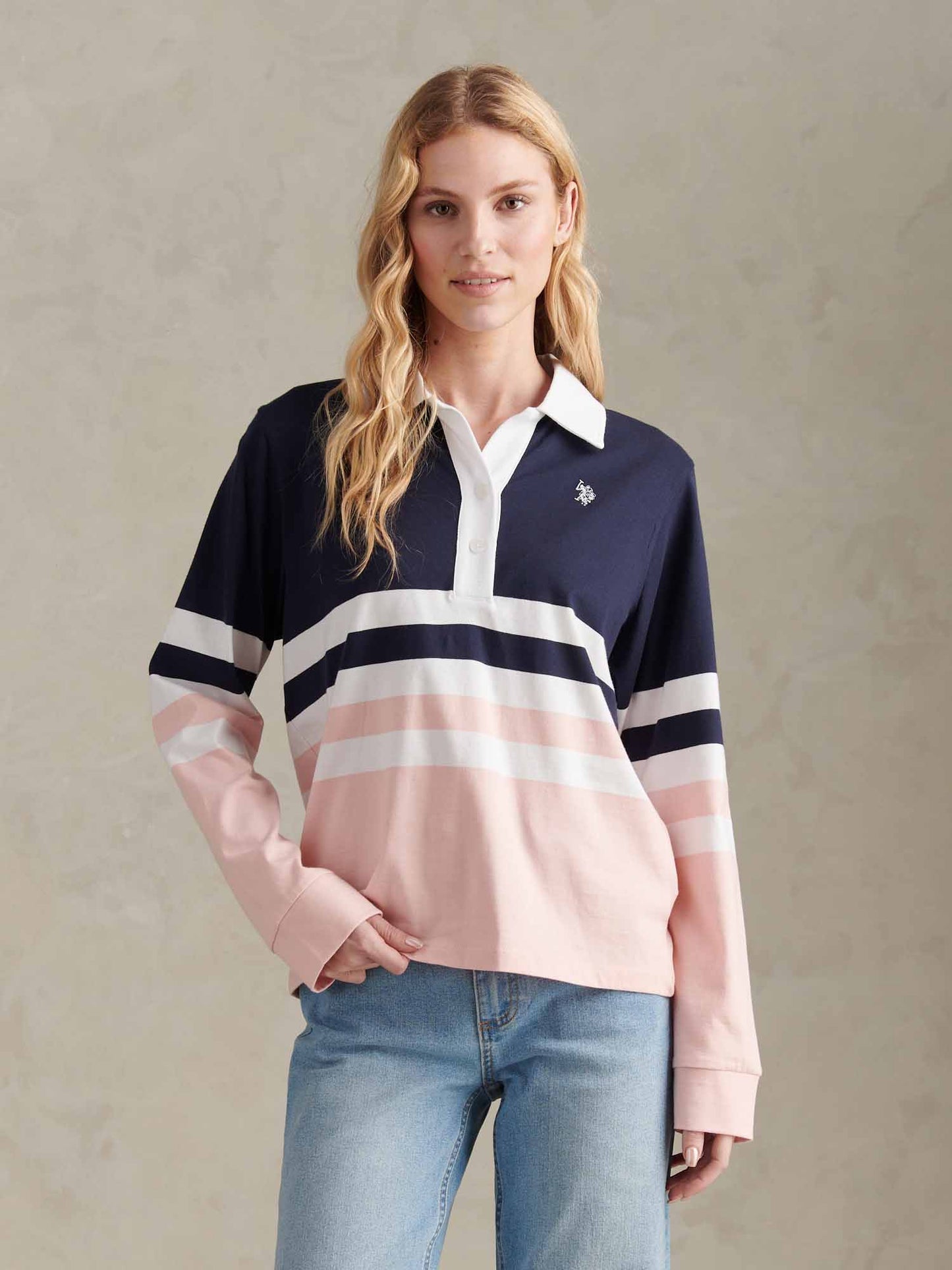 Womens Block Colour Rugby Top Crystal Rose