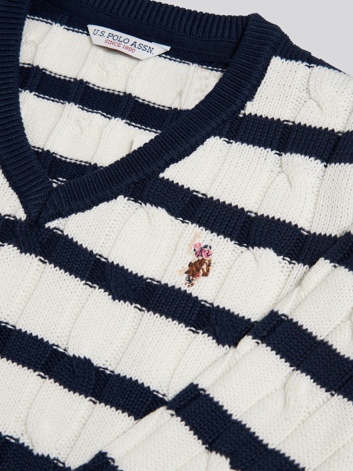 Womens V-Neck Striped Cable Knit Jumper Marshmallow