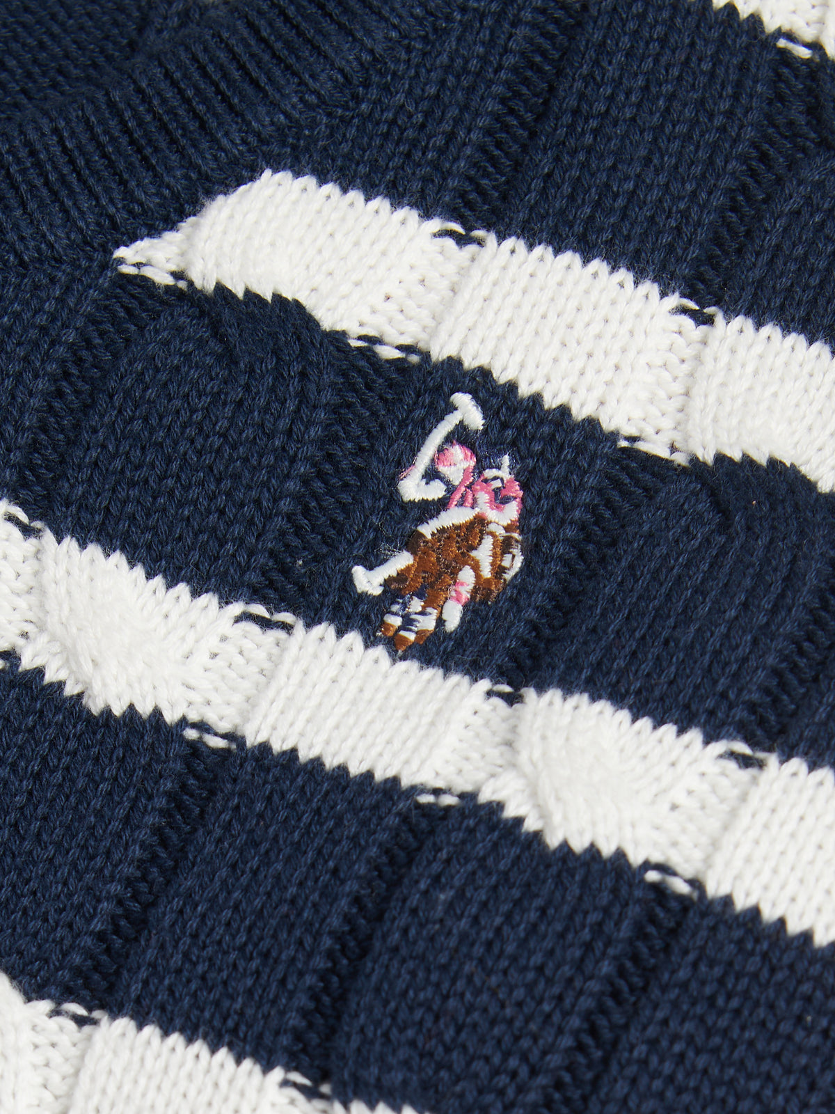Womens V-Neck Striped Cable Knit Jumper Navy Iris
