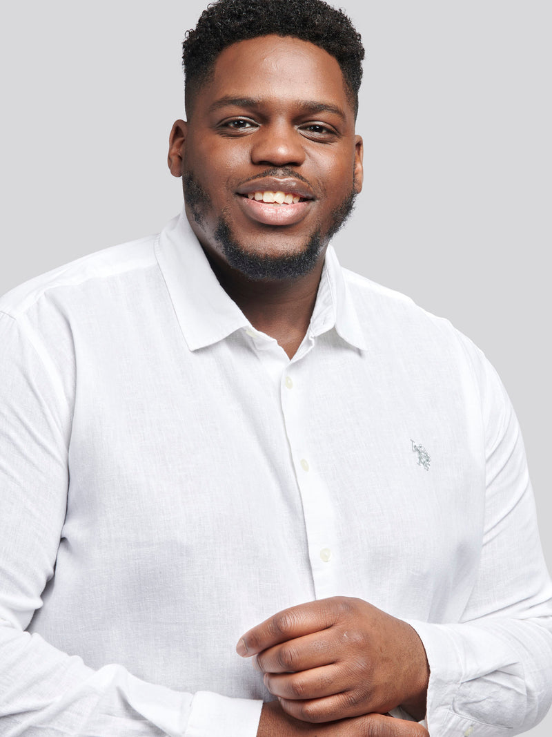 Mens Plus Size Linen Blend Relaxed Long Sleeve Shirt in Bright White