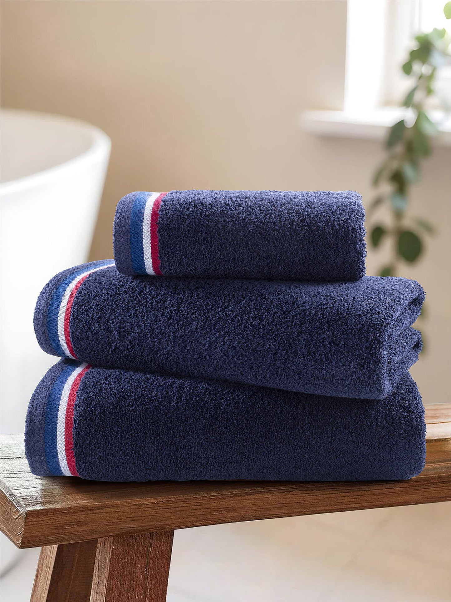 Pure Cotton Brand Stripe Towel in Navy Iris