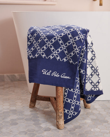 Pure Cotton Geo Towel in Navy Iris