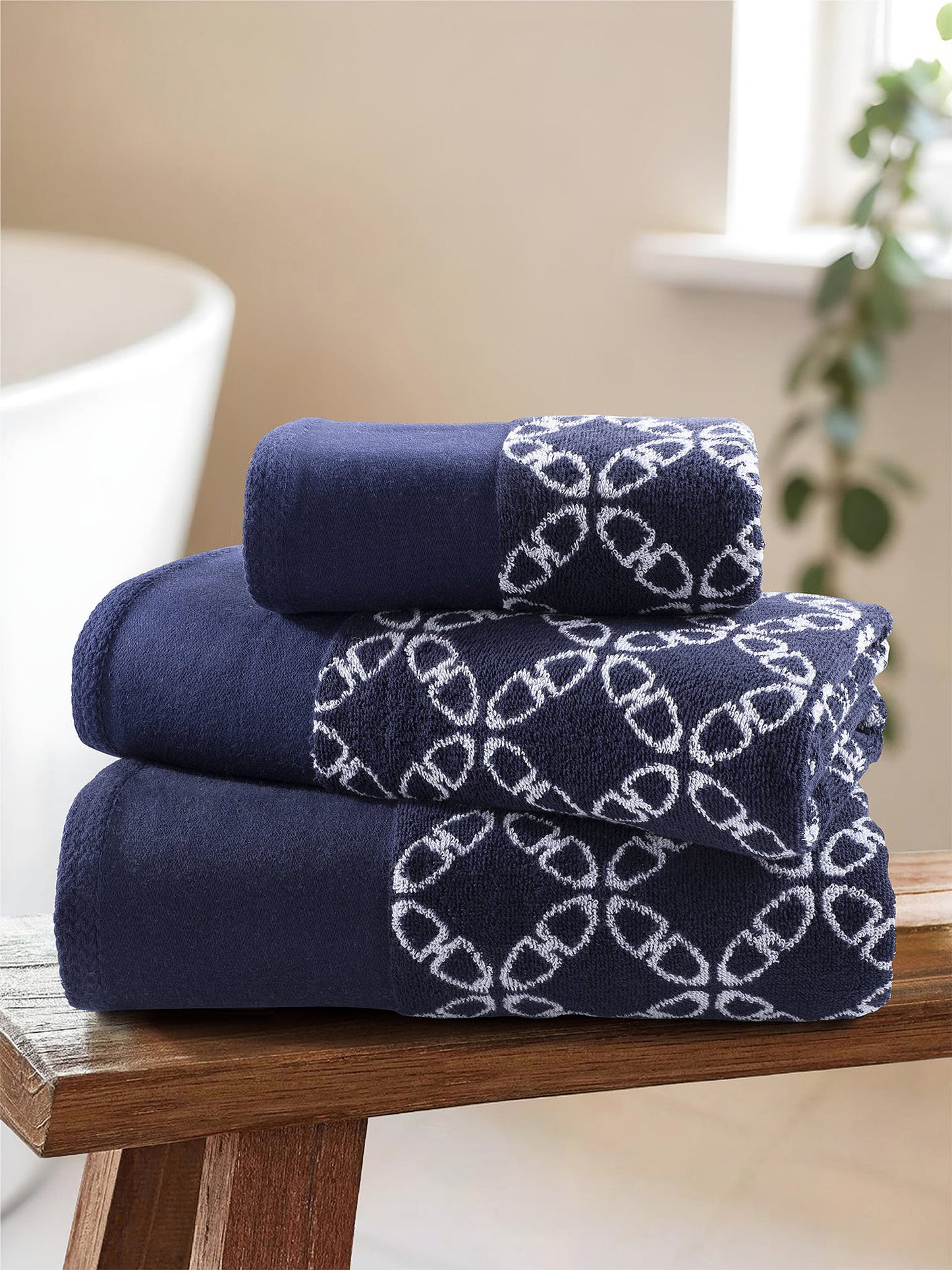 Pure Cotton Geo Towel in Navy Iris