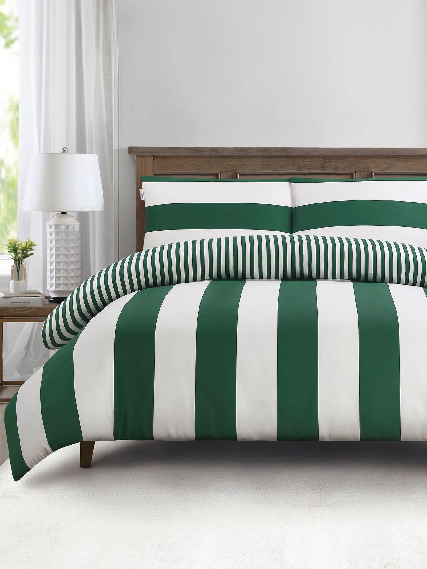 Pure Cotton Block Stripe Duvet Set in Green Jacket