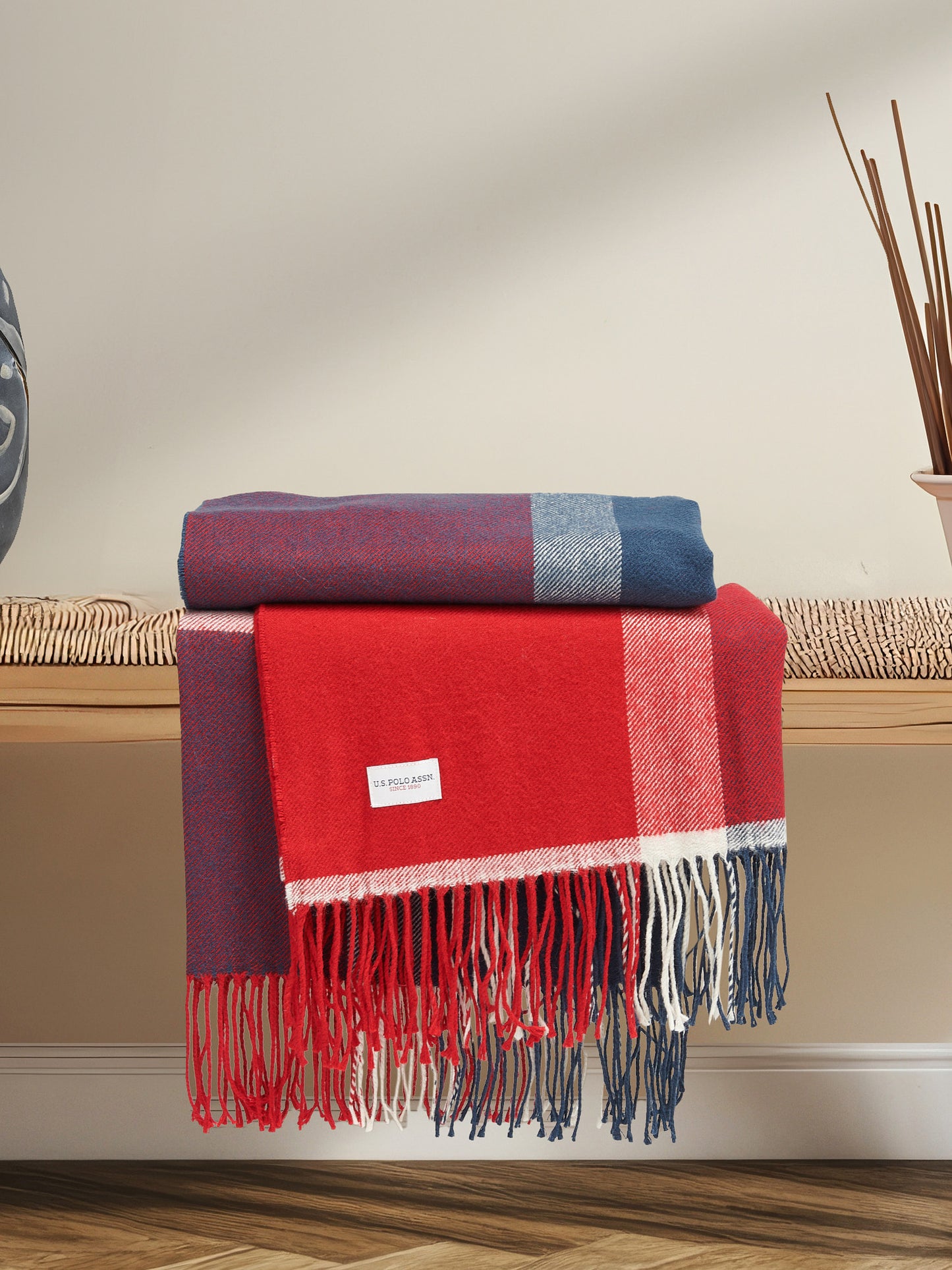 Luxurious Soft Check Boxed Throw in Navy Iris