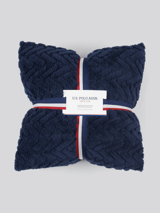 Premium Fern Jacquard Throw & Cushion Set in Navy Iris