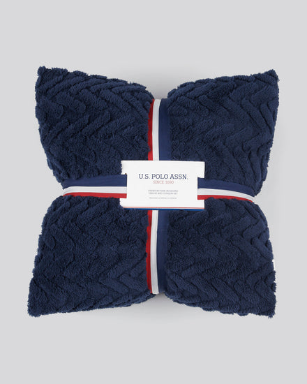 Premium Fern Jacquard Throw & Cushion Set in Navy Iris