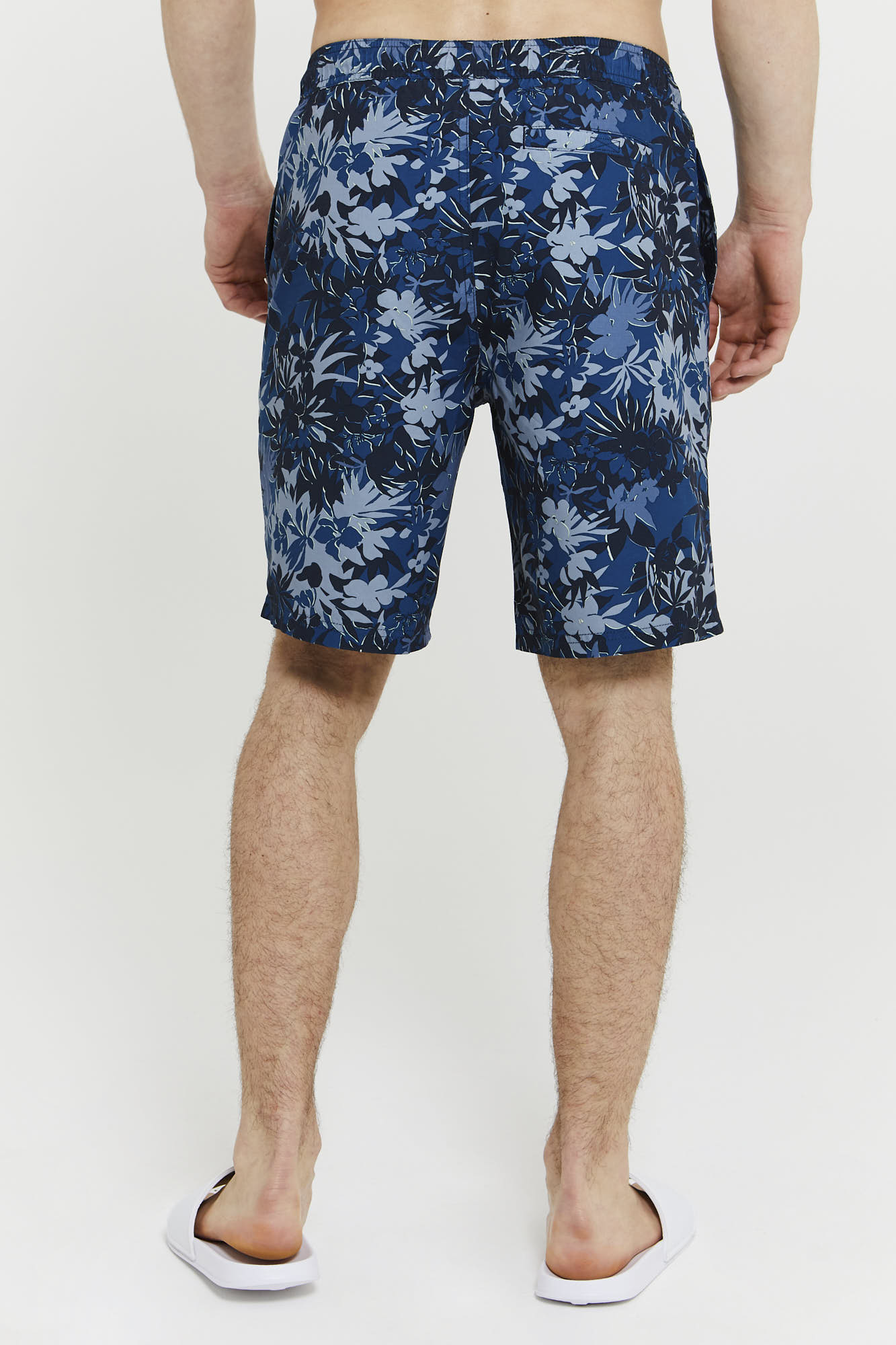 Mens Palm Print Swim Shorts in Navy Blue