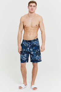 Mens Palm Print Swim Shorts in Navy Blue