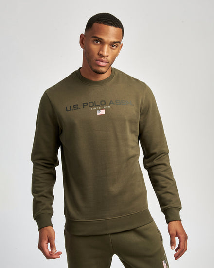 Mens Block Flag Graphic Crew Neck Sweater in Army Green