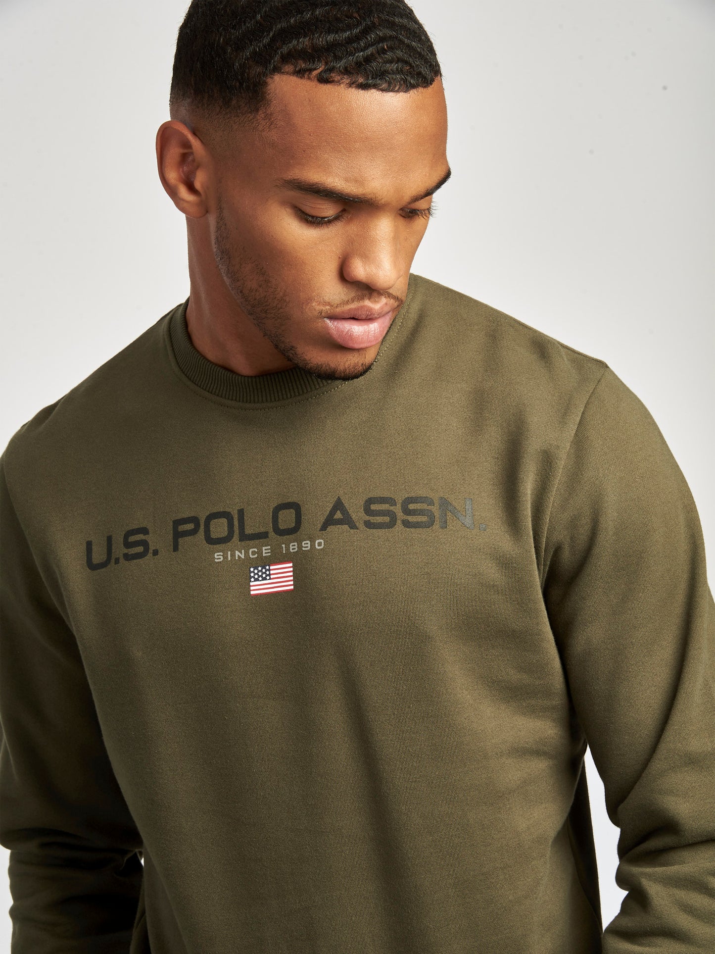 Mens Block Flag Graphic Crew Neck Sweater in Army Green