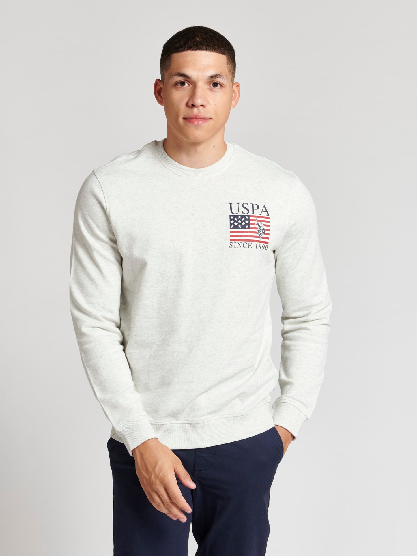 Mens Vintage USPA Since 1890 Crew Neck Sweatshirt in Light Grey Marl