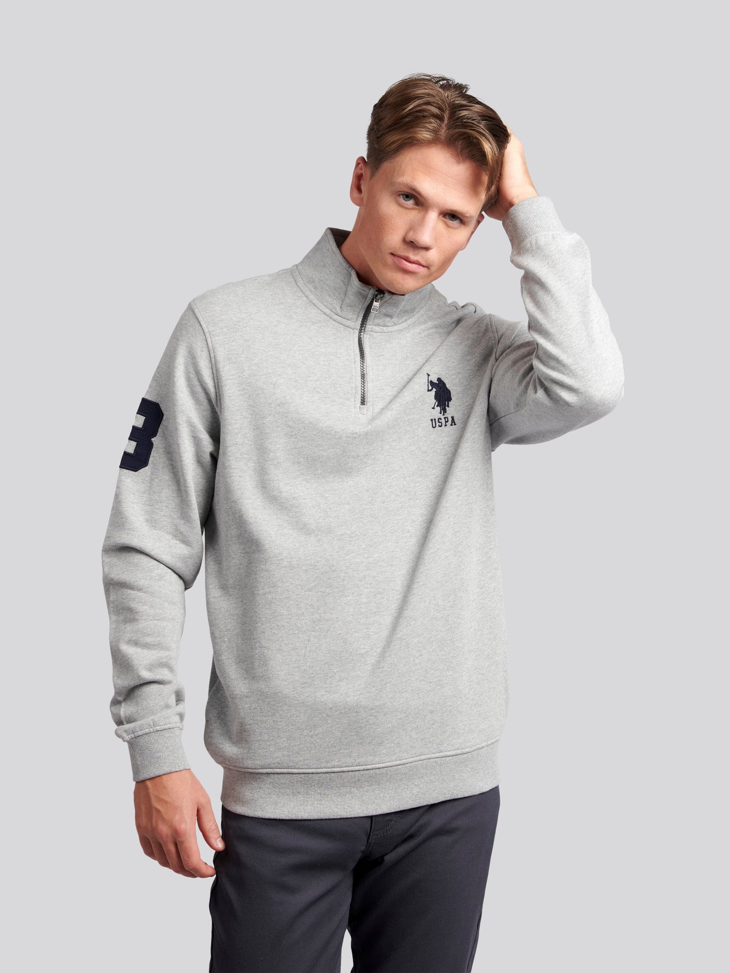 Mens Quarter Zip Funnel Neck Sweatshirt in Vintage Grey Heather