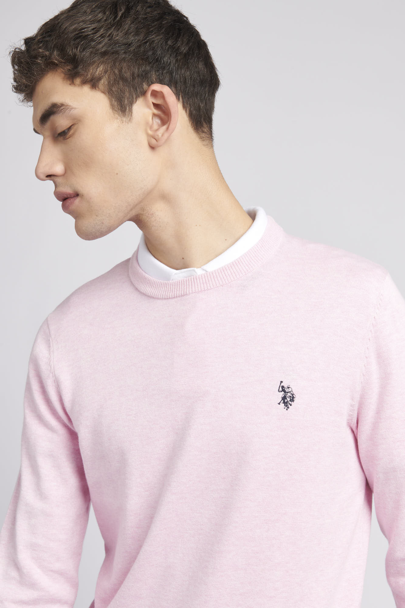 Mens Crew Neck Knitted Jumper in Orchid Pink Marl