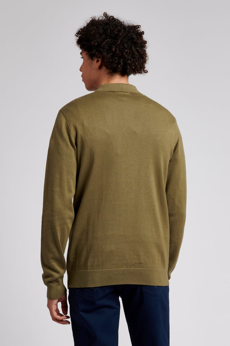 Mens Long Sleeve Knitted Polo Shirt in Burnt Olive