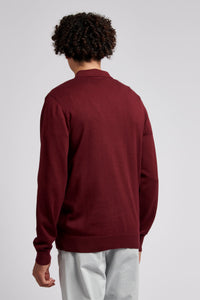 Mens Long Sleeve Knitted Polo Shirt in Windsor Wine