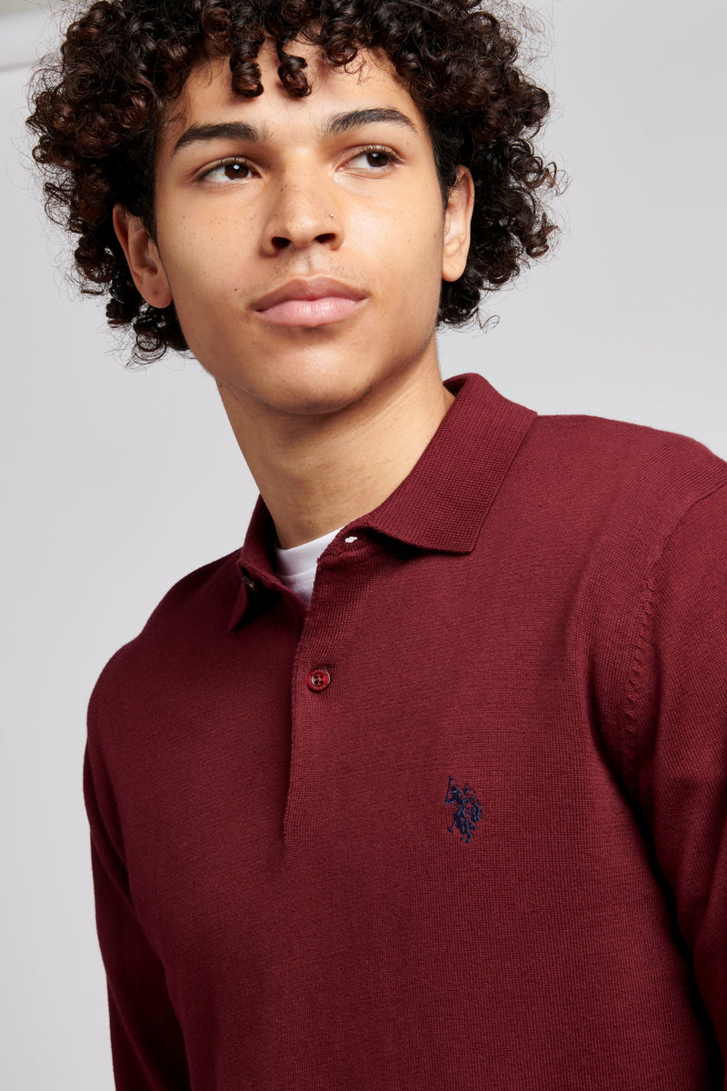 Mens Long Sleeve Knitted Polo Shirt in Windsor Wine