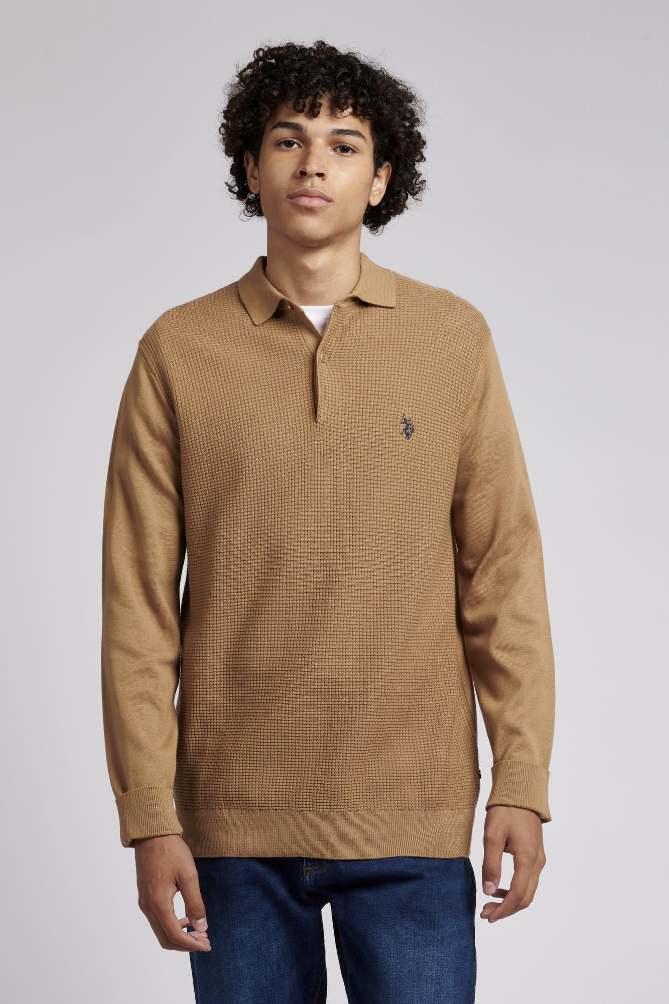 Mens Textured Knitted Polo Shirt in Tigers Eye