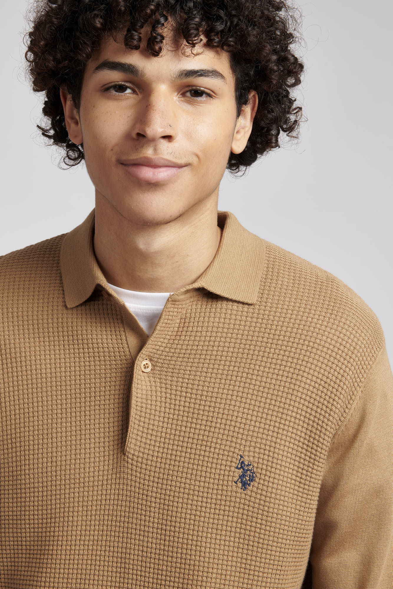 Mens Textured Knitted Polo Shirt in Tigers Eye