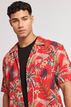 Mens Palm Leaf Seersucker Revere Short Sleeve Shirt in Haute Red