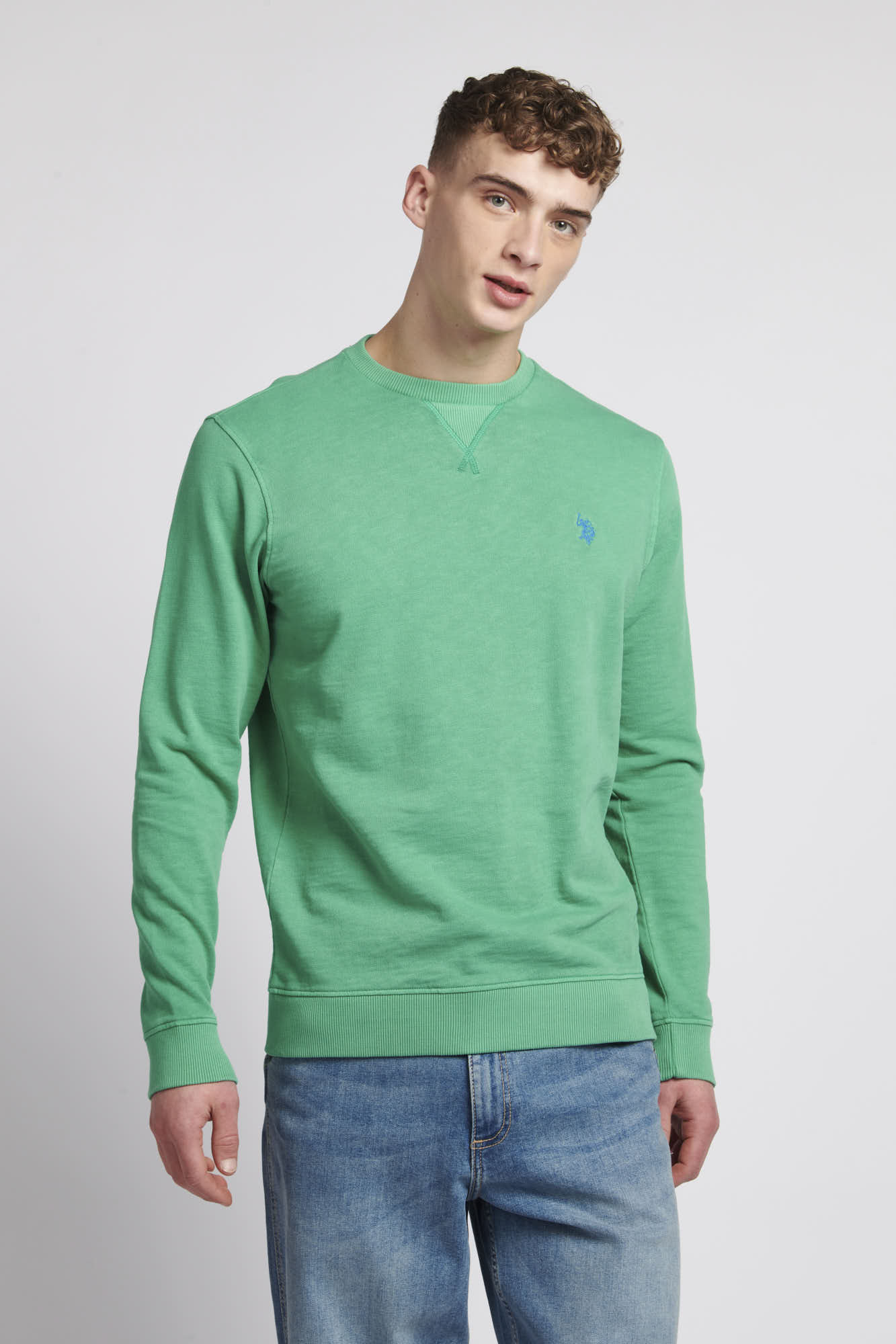 Mens Garment Dye Crew Neck Sweatshirt in Golf Green